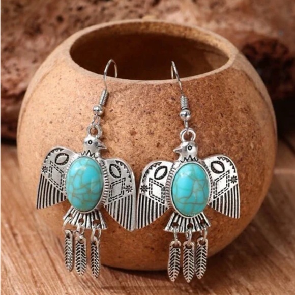 Turquoise Stone Feather Silver Bird Earrings - Picture 13 of 16